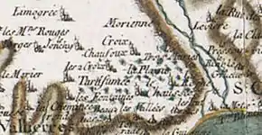 Le site de La Plaine, commune de Fondettes (ici en haut, à droite de l'ancienne commune de Vallières, sur un extrait provenant de la carte de Cassini, document réalisé dans la seconde moitié du XVIIIe siècle par César-François Cassini (1714-1784)