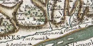 Le site et la chapelle de la « Chevallette » (ici en bas, à gauche de l'ancienne commune de Vallières) sur un extrait provenant de la carte de Cassini, document réalisé dans la seconde moitié du XVIIIe siècle par César-François Cassini (1714-1784)