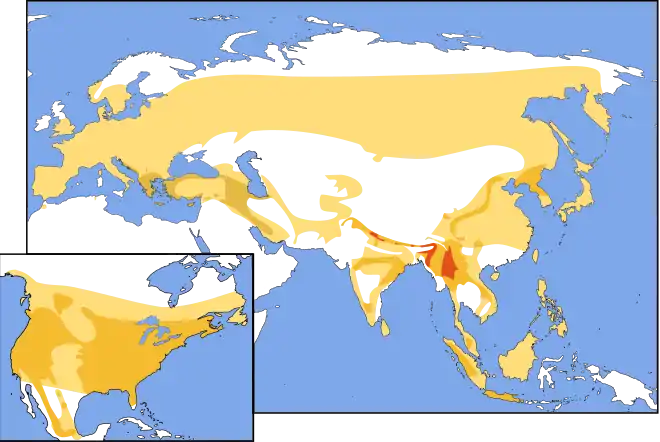 Cartes de l'Eurasie et de l'Amérique du Nord montrant la répartition décrite dans le texte ci-contre.