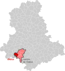 Sur la carte de la Haute-Vienne, position de la commune et de l'ex-canton de Châlus, à l'extrême sud-ouest du département
