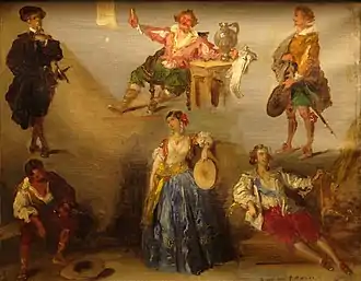 Huile des Six personnages de Victor Hugo, par le peintre Louis Boulanger (1807-1867). Le personnage de Don Salluste est représenté en haut, à gauche de la toile.