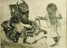 Attribué à Siyah Qalam, Deux dîws attachant un dragon, Iran ou Asie Centrale, 1400-1450.