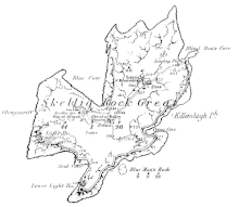 Ancienne carte topographique et en noir et blanc représentant une île, ses sites et ses voies de communication.