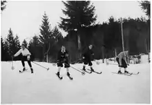 Quatre hommes sur des skis de fond dans une légère descente.