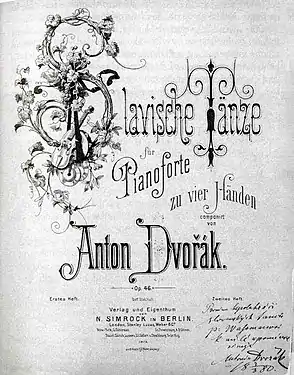 Page de garde des Danses slaves, op. 46 et 72 de Dvořák, dans sa version pour piano à quatre mains.