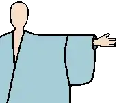 A diagram of a person wearing a wrapped-front robe with a wide body and narrow (in horizontal width) sleeves entirely sewn to the body.