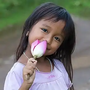 Fillette souriante fixant l'observateur, la tête inclinée vers la gauche et tenant un bourgeon de Nelumbo nucifera (fleur de lotus) dans sa main droite, à Don Det, Si Phan Don, Laos.