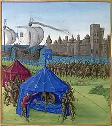 Vue d'une miniature médiévale avec une tente dans laquelle est présent une personne allongée, à l'arrière-plan deux navires et une armée, au fond une fortification.