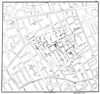 Carte utilisée par Snow pour déterminer l'origine de l'épidémie dans le quartier de Soho.