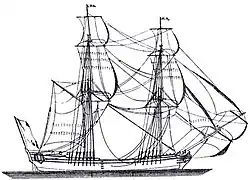 Dessin d'un Senau ou Snow en anglais (Architectura Navalis Mercatoria, 1768, Druckplatte LXII) - Le double grand-mât est peu visible, il porte la brigantine.