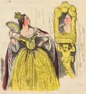 Dessin d'une aristocrate richement vêtue, s'éventant et se regardant un miroir ouvragé, soutenu au mur par une sculpture en forme de monstre.