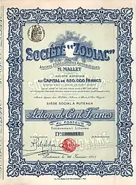 Action de la Société Zodiacle 26 janvier 1911.