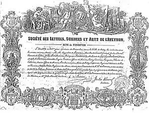 Acte de fondation de la Société des lettres, sciences et arts de l'Aveyron en 1836.