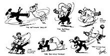 Dessin humoristique de Rube Goldberg prétendant essayer de deviner quelles seraient les prochaines danses à la mode (août 1912).