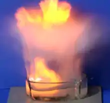 Vue d'une réaction violente du sodium et de l'eau conduisant à la rupture du récipient contenant la réaction et à la combustion de l'hydrogène produit.