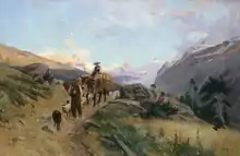 Peinture sur toile d'un homme marchant sur un chemin avec des moutons et un mulet sur lequel est posé du foin et une femme.