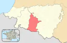 Carte des Pyrénées-Atlantiques, distinguant, en rose, l'ancienne province de Soule