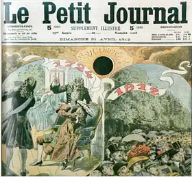 La couverture du Le Petit Journal, le 21 avril 1912, montre les observateurs de l'éclipse en 1912 avec l'éclipse solaire du 22 mai 1724, la précédente éclipse totale de Soleil visible depuis Paris.