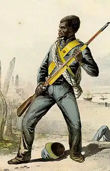 Soldat noir en uniforme militaire néerlandais tenant entre ses mains un fusil.