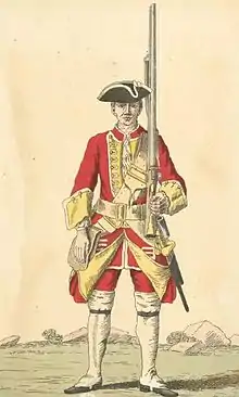 Uniforme du 28e vers 1742 à décorations jaunes