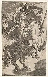 Soldat chevauchant un cheval cabré et portant un casque à plumes, une cuirasse, des pteruges et des cretons, le soldat regarde et montre sa droite (vers 1530-1575, Metropolitan Museum of Art).