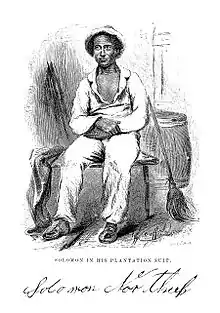 Dessin au crayon représentant un homme noir assis vêtu de vêtements clairs et coiffé d'un chapeau. Il a les mains croisées sur ses genoux. Un balai est négligemment posé à côté. La gravure surmonte la signature de Northup.