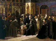 « Concile noir. Révolte du monastère Solovetski contre les nouveaux livres imprimés en 1666 », (1885), toile, huile — Galerie Tretiakov