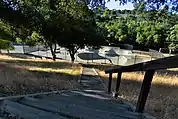 Skatepark, abrité par quelques arbres. Un escalier y mène.