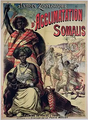 Publicité présentant le camp des Somalis au Jardin zoologique de Paris en 1890