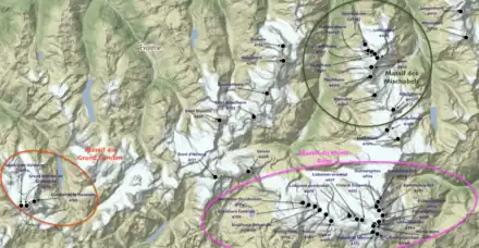 Localisation des 41 sommets des Alpes pennines.