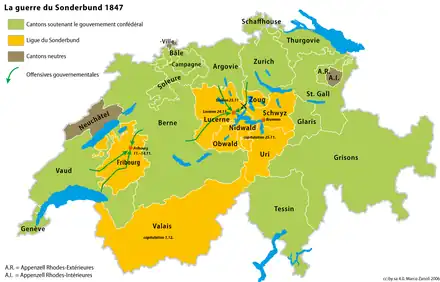 Carte de la Suisse représentant les cantons formant le Sonderbund (en jaune), face aux autres cantons (en verts) et les cantons neutres (en gris).