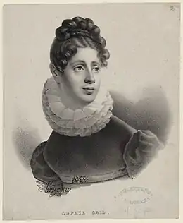 gravure : une femme portant sur la tête un turban de fleurs et au cou une collerette de dentelle.