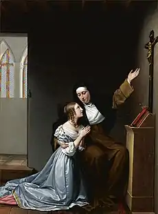 La duchesse de la Vallière au carmel, donnant des instructions de piété à sa fille Mademoiselle de Blois, peinture d'histoire de Sophie Lemire, 1812.