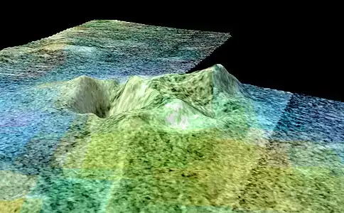 Vue générée par radar du Doom Mons cryovolcanique de Titan et de Sotra Patera (étirement vertical 10x)