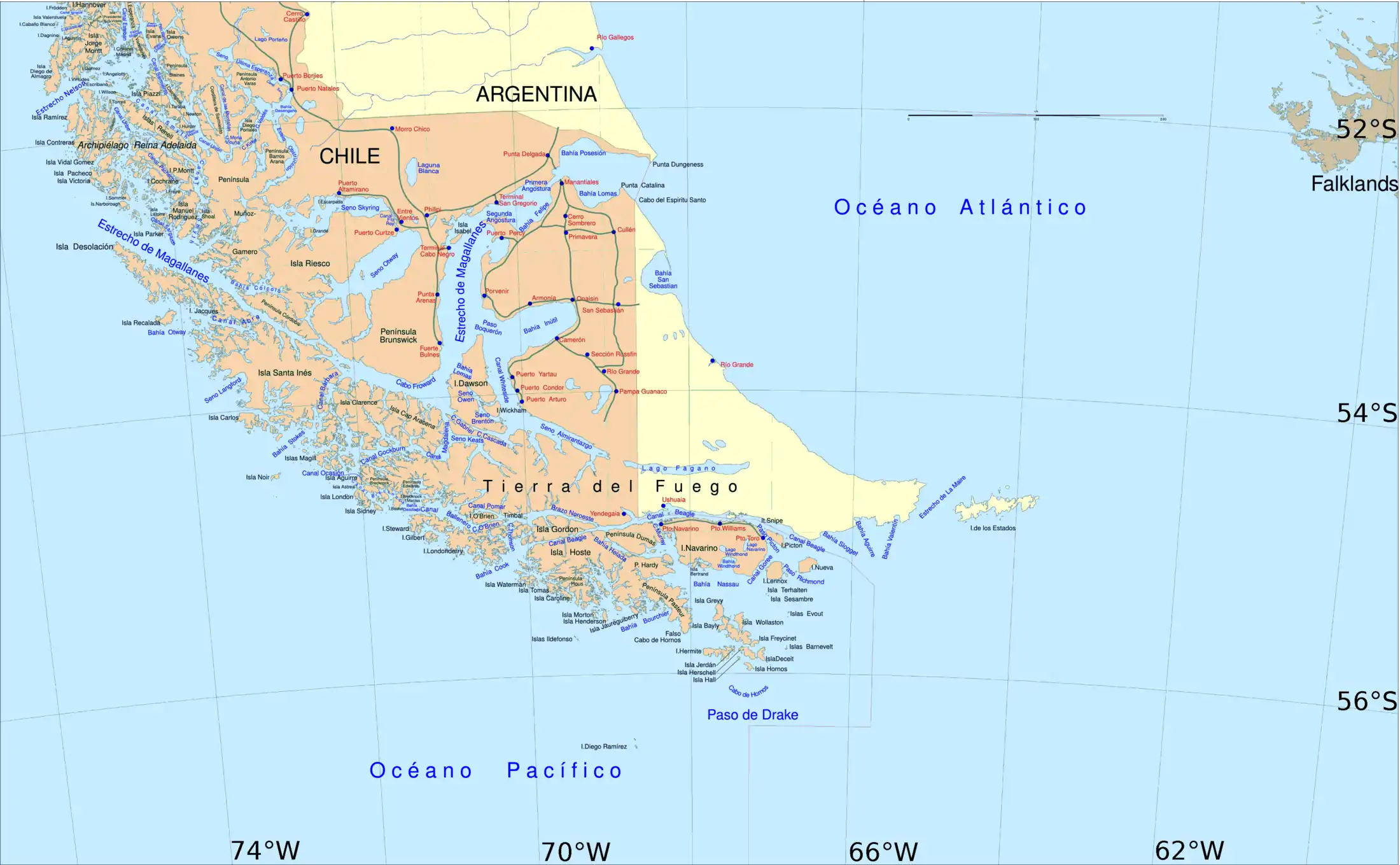 Carte détaillée de l'archipel de la Terre de Feu