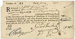 Action de la South Sea Company de 1 000 £ (10 shares de 100 £ chacune), émise à Londres le 22 juin 1720, payée 4 000 £ au cours de bourse de ce jour-là, soit 400 pour cent. L'action date de la période du crash de 1720.