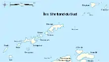 Carte des îles Shetland du Sud, avec l'île de l'Éléphant au nord-est.