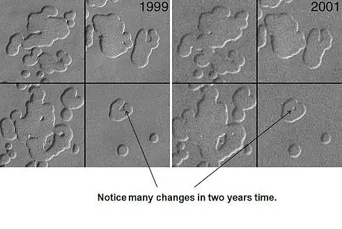 Changements au pôle sud entre 1999 et 2001 : les cavités se sont agrandies durant les deux années écoulées entre les deux prises d'image.