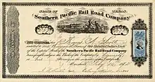 Action de la Southern Pacific Railroad Company de 1 000 parts de 100 $ chacune, émise à Marshall, Texas, le 16 février 1872, enregistrée au nom de son président Thomas A. Scott