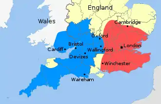 Carte montrant le sud de l'Angleterre partagé entre Mathilde au sud-ouest et Étienne au sud-est