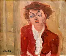 Peinture d'une femme aux cheveux courts en veste rouge et chemisier blanc, le regard tourné en bas vers sa droite