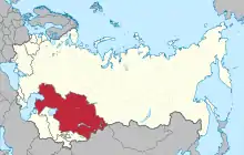 Carte de l'Asie centrale montrant le Kazakhstan en rouge foncé et l'URSS en rouge pâle.