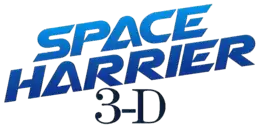 Space Harrier est inscrit sur deux lignes en lettres bleues légèrement inclinées. En dessous, figure la mention 3-D en noir.