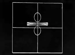 Plusieurs lignes blanches sur fond noir, forment un carré et ses médianes, avec des formes arrondies à l’intérieur.