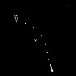 Écran noir, représentant en fines lignes blanches, deux petits vaisseaux spatiaux et une ligne en pointillés simulant un tir de roquette.