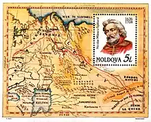 Timbre de Moldavie avec la carte des découvertes de l'ambassade de Nicolae Milescu