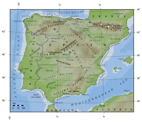 Carte de l'Espagne montrant la sierra Morena dans le Sud.