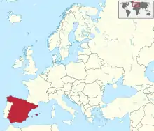 Carte administrative de l'Europe, montrant l'Espagne en rouge.