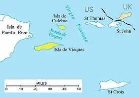 Les îles Vierges espagnoles (en jaune). De nombreuses îles plus petites n'apparaissent pas sur cette carte.