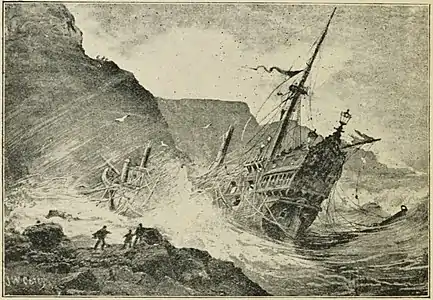 Gravure du XIXe siècle représente un galion espagnol faisant naufrage à Port-Na Spaniagh en 1588. Lacada Point et les Spanish Rocks sont à l'arrière-plan.